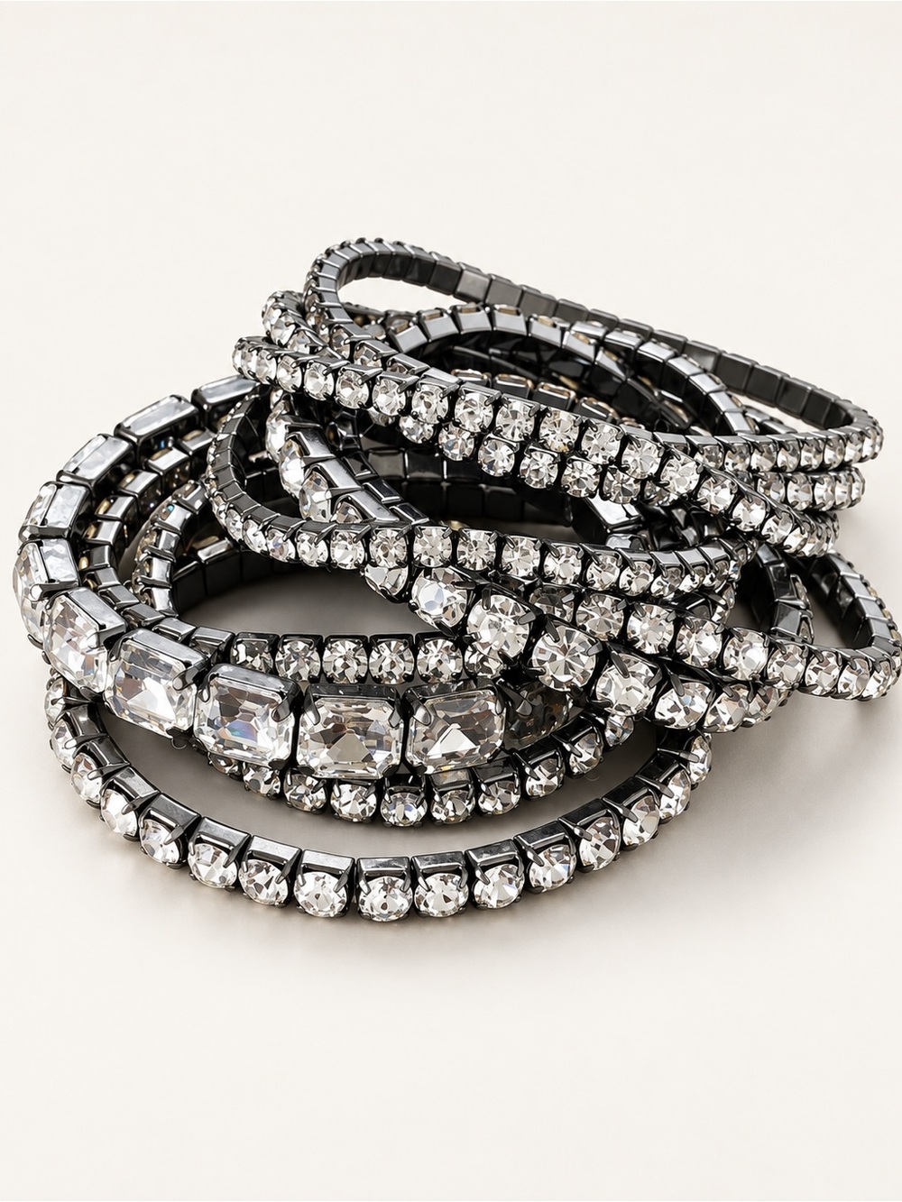 Zara Crystal Stretch Bangle Set Gunmetal Rhinestone Statement Bracelets
